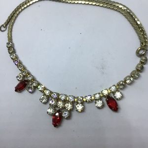 Vintage Rhinestone and Ruby Necklace & Earring set